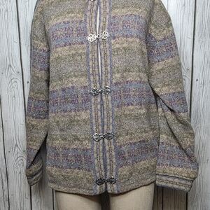 VTG Eagle’s Eye 100% Wool Nordic Fair Isle Cardigan - Silver Clasp - Large